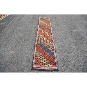 Tapis Ethnique en Laine de Style Kilim Marron Bleu 2X10 pieds Patchwork Géométrique Rectangle Casse-tête Design pour Entrée Salon Chambre à coucher - Product Image 1