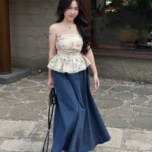 OEM ODM Floral <b>Chiffon</b> Top and Denim <b>Skirt</b> Women Set for Daily Wear - Product Image 6