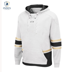 Sudadera con capucha de hockey sobre hielo blanca para hombre de Index Apparel con rayas negras y doradas, cierre frontal con cordones, corte regular, manga larga, jersey de poliéster. - Product Image 1