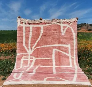Pink Beni Mrirt with geometric white lines Handmade Moroccan Wool Rug Hand Woven Moroccan Rug Hand Tufted Rug OEM