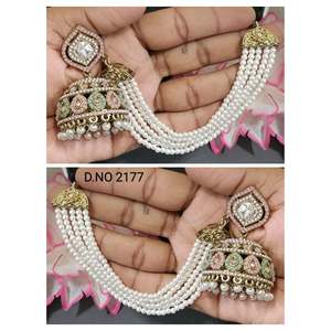 Boucles d'oreilles pendantes Polki Mehandi Bahubali en perles plaquées or avec motif floral pour les occasions de mariage des femmes SKU 2177 A-5 - Product Image 4