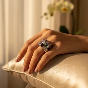 Women's <b>Silver</b> Multi-Gemstone <b>Statement</b> <b>Ring</b> Trendy 18K Gold & Rose Plating Inlay Setting Free Size Christian Jewelry - Product Image 1