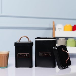 Juego de Recipientes de Metal para Té y Azúcar, Juego de Recipientes de Almacenamiento para Cocina, Recipiente de Metal Negro con Tapa, Recipiente para Té, Café y Azúcar - Product Image 1