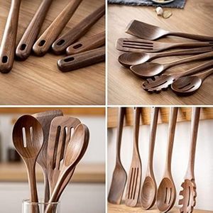 Venta al por mayor hecho a mano de 6 piezas de madera natural de mango largo cucharas espátulas utensilios de cocina para cocinar y manualidades - Product Image 3