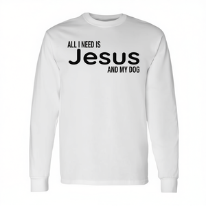 Camiseta de manga larga con diseño de fe cristiana, unisex, para adultos, de algodón, con cuello redondo, con la frase "Todo lo que necesito es Jesús y mi perro" - Product Image 2