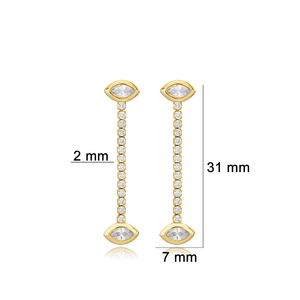 Boucles d'oreilles longues à clous motif œil, chaîne tennis, pierre zircon, fabrication artisanale turque, plaqué or, argent sterling 925, bijoux d'anniversaire - Product Image 3