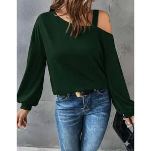 Blusa de viscosa de dos hilos con detalle de tirante en un solo hombro y manga larga para mujer, 30201 - Zumrut - Product Image 2