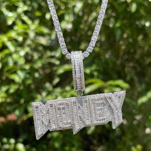 Pendentif personnalisé en argent sterling plaqué or, style hip-hop, avec inscription MONEY, serti de moissanite taille baguette, aspect diamant VVS, pour homme - Product Image 6