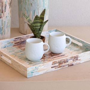 Plateau en nacre rectangulaire, tons pastel, incrusté à la main, plateaux de service décoratifs pour la décoration moderne de la maison, décoration de salon - Product Image 2