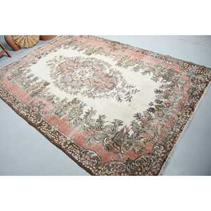 Vintage Rug, 6.1x8.9 ft Turkish Rug, <b>Brown</b> Abstract <b>Wool</b> Rug - Product Image 1