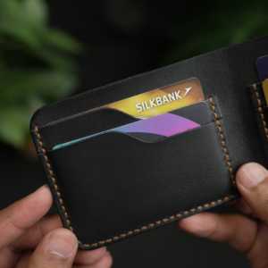 No.55 <b>Ladies</b> <b>Card</b> <b>Holder</b> Wallet Bifold Design Slim Vegetarian Tanned Grain Leather Black Color Fold Closure Type - Product Image 5