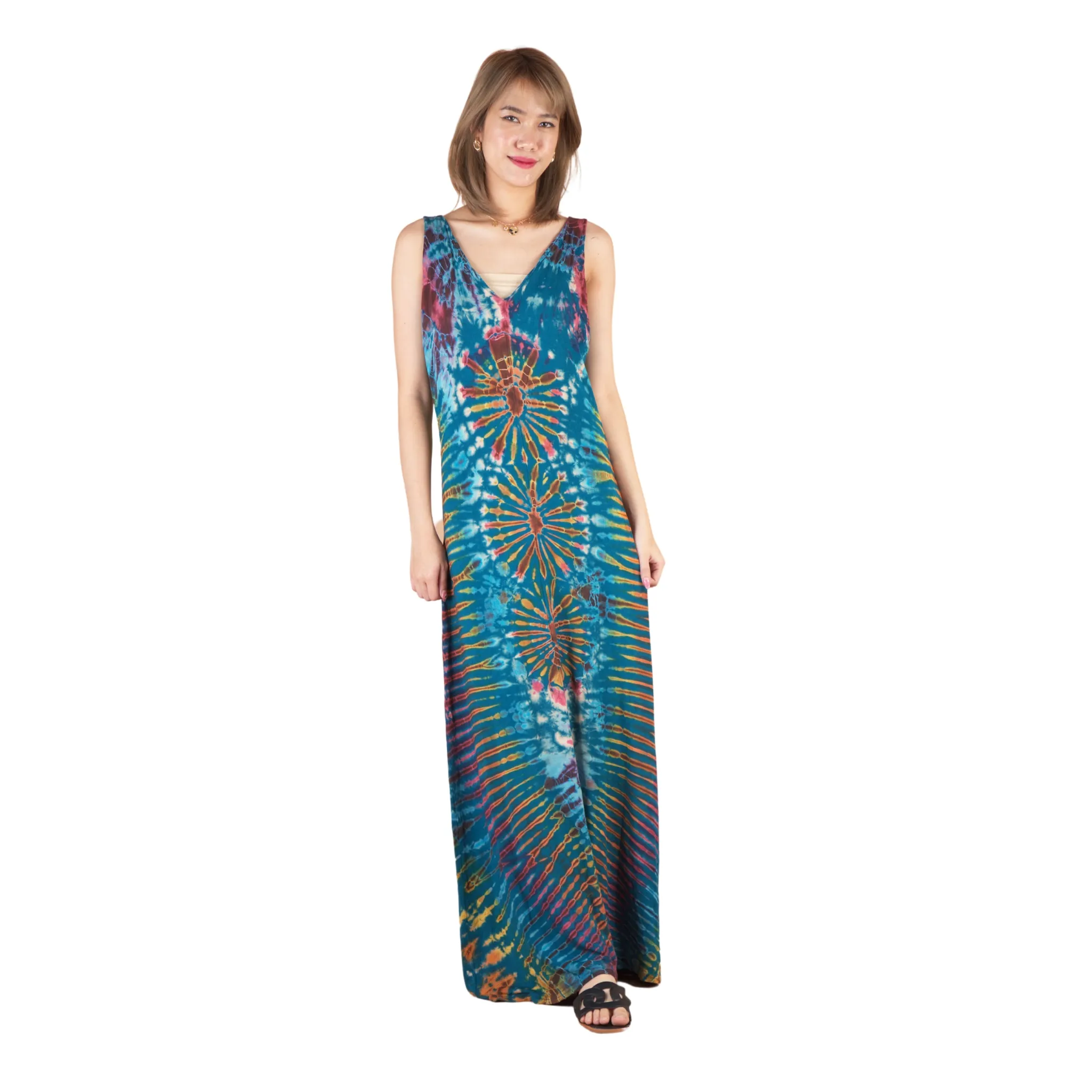 Napat Clothing Mujer Spandex Tie Dye Maxi Vestido sin mangas Listo para enviar