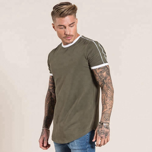 Custom Olive Green Curved Hem T Shirt for Men Contrast White <b>Trim</b> Casual Streetwear Tee - Product Image 1