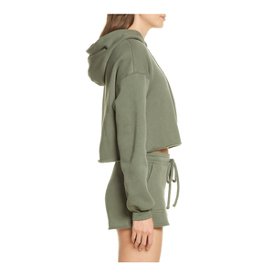 Conjunto de Sudadera Corta con Capucha y Pantalones Cortos de Felpa para Mujer, Color Verde Oliva, Manga Larga, Color Sólido, Estilo Casual - Product Image 3