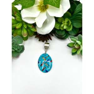 Joe Reano Turquoise Multi-Stone and Sterling Silver Pendant Rhodium Plated Religious Charm with Rose Gold Gold Jewelry - Product Image 1
