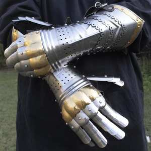 Medieval <b>Silver</b>-Plated Polished Brass Mild Steel Gauntlet Leather <b>Gloves</b> Art & Collectible Metal Crafts - Product Image 1
