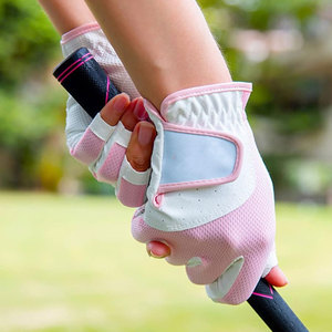 Pink White Breathable Mesh Genuine <b>Leather</b> Golf Gloves Unisex Sports Half Finger Design Pull on Closure - Product Image 2