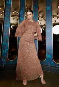 Robe maxi trapèze à devant perlé, design symétrique, col rond, fente latérale à la taille, antistatique, vêtements de soirée et de cocktail, respirante - Product Image 5