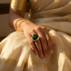 Adjustable Rhodium & <b>Gold</b>-Plated 925 Silver Trendy Round Green Gemstone <b>Cocktail</b> <b>Ring</b> for Women - Product Image 1