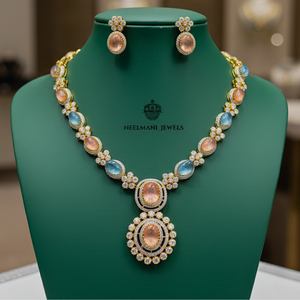 Russian <b>Pink</b> Crystal Necklace with Blue Stone Elegant and Luxurious - Product Image 2