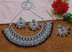 Nuevo diseño AD sin cortar plateado tradicional y de moda perla y Kundan tachonado gargantilla collar conjunto y conjunto de joyas para mujer - Product Image 6