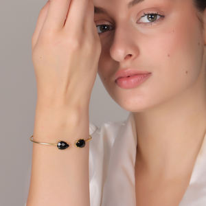 Modern Adjustable <b>Gold</b>-Plated 18K Brass Cuff <b>Bracelets</b> Trendy Dua Bangle with 2 <b>Black</b> Onyx Pear Gemstones for Women's Wedding - Product Image 6
