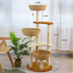 Árbol para Gatos de Madera Maciza, Árbol para Gatos de Madera de Roble para Gatos Grandes con 3 Nidos Tejidos, Condominio para Gatos de Múltiples Niveles con 8 Rascadores - Product Image 1