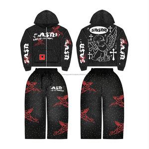 ชุดจ็อกเกอร์ผู้ชายแบบหลวมประดับเพชรเทียม 2 ชิ้น สไตล์สตรีทแวร์ ชุดวอร์มซิปพร้อมลายพิมพ์เพชรเทียมสำหรับฤดูหนาว - Product Image 1