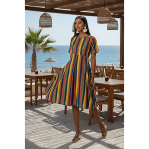 Rainbow Striped Fit and Flare <b>Dress</b> 100% Cotton Elegant Modest Style <b>Applique</b> Decor Sizes XS-6XL - Product Image 1