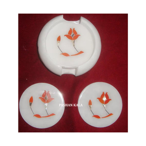 Juego de posavasos con incrustaciones de mármol blanco natural hecho a mano con soporte, diseño de Flor naranja con incrustaciones de mármol con fabricación y distribuidor - Product Image 1