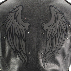 Mesdames Bling Gilet col en V en cuir véritable Fermeture à glissière avant vintage Col mandarin Deux poches avant inférieures Couleur noire - Product Image 3