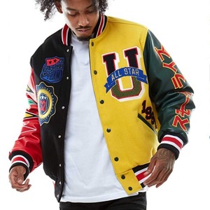 Chaqueta universitaria de cuero auténtico con letras de lana personalizada para hombre, chaqueta negra con parches y etiquetas de logotipos bordados en Color amarillo para M