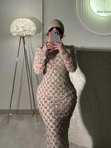Robe de soirée sirène élégante avec strass, manches lanternes, respirante, soutien-gorge intégré, traîne longue, longueur ras du sol - Product Image 3