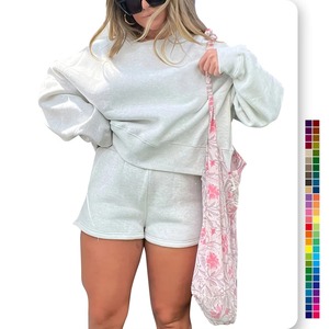 Ensemble deux pièces pour dames, sweat-shirt et short en coton molletonné, tenue de détente décontractée, surdimensionnée et confortable - Product Image 6