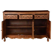 Buffet en teck massif artisanal de style mid-century avec 3 tiroirs et portes sculptées, design antique pour hôtel, maison, salon, cuisine