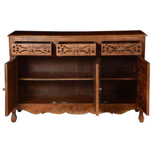 Buffet en bois de teck massif artisanal en bois de Java, style mid-century, avec 3 tiroirs, portes sculptées, design antique pour la cuisine et l'hôtellerie - Product Image 5