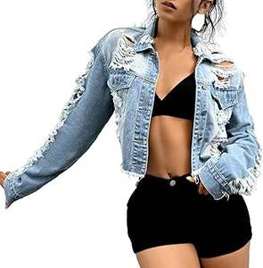 Vestes et manteaux en jean foncé pour femmes, style dessin animé, coupe courte, boutons classiques, dentelle mignonne, vêtements décontractés, printemps été, jean délavé - Product Image 4