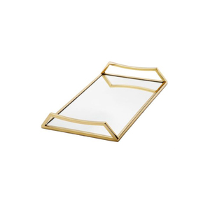 Bandeja de tocador rectangular moderna con espejo y almacenamiento, con asas cóncavas doradas, elegante decoración de acero inoxidable para el hogar y hoteles - Product Image 1
