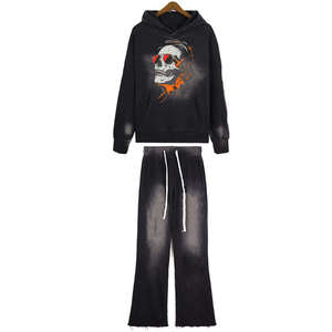 Ensemble sweat-shirt et pantalon de survêtement pour homme sur mesure, délavé à l'acide, 100% coton, strass, fermeture éclair intégrale, taille plus, design surdimensionné - Product Image 1