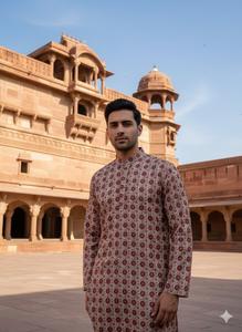 Indian <b>Men's</b> Cotton Hand Block Printed Floral Ethnic Mid Length <b>Summer</b> Festive Wear Handcrafted Fully Stitched Ready Washable - Product Image 2