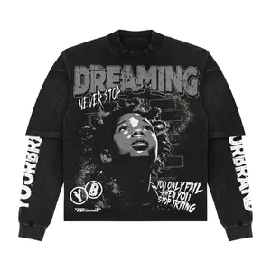 Streetwear de luxe T-shirt surdimensionné à double couche à épaules tombantes T-shirt graphique à double manches avec logo délavé à l'acide à col rond - Product Image 2