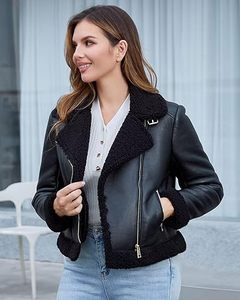 Women’s Faux Shearling Winter Coat – Breathable PU Leather <b>Jacket</b> Warm <b>Zip</b>-<b>Up</b> <b>Jacket</b> - Product Image 1