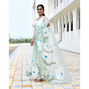 Sari en organza vert pistache peint à la main, léger et ample, taille unique, idéal pour les soirées estivales formelles pour femmes - Product Image 5