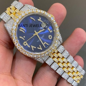 Montre de luxe bicolore en acier inoxydable sertie de moissanite avec cadran bleu, bijoux hip-hop, bracelet 20 mm, brillance VVS antique - Product Image 1