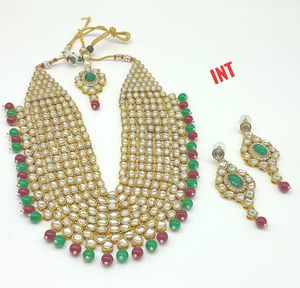 2024 último diseño mujeres alta calidad chapado en oro tradicional verde perla y Kundan tachonado collar conjunto de joyería para mujeres - Product Image 1