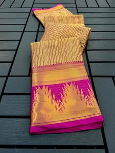 Robe traditionnelle indienne contemporaine non cousue en soie Tussar au design lourd élégant, belle tenue de soirée douce tissée - Product Image 6