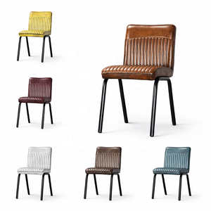 Chaise de salle à manger en cuir véritable avec structure en métal |   Sièges pour restaurant bistro industriel |   Revêtement côtelé vintage pour hôtels et villas - Product Image 5