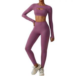 Conjuntos de Yoga para Mujer, Nailon y Elastano, Transpirables, Ligeros, Sólidos, Ropa Deportiva para Gimnasio, Conjunto Deportivo de 3 Piezas con Manga Larga - Product Image 3