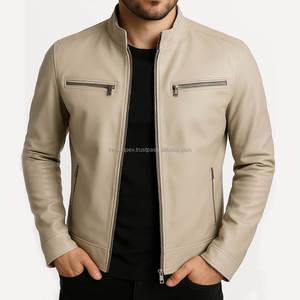 Chaqueta de Motociclista de Cuero Auténtico Beige para Hombre, Estilo Urbano, Cuello Alto, Cierres Frontales, Cintura Ajustable, Transpirable, para Invierno - Product Image 1