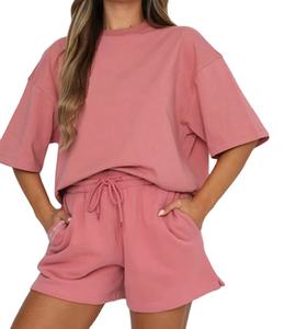 Ensembles de shorts d'été pour femmes personnalisés, 100% coton, t-shirt à manches courtes et shorts, ensemble 2 pièces - Product Image 1